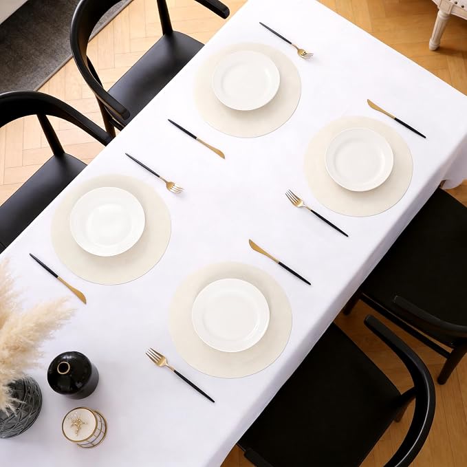 MOSAYT 13 Inch Round Vinyl Placemats Set of 4 - Faux Leather 100% Waterproof Oil-Proof Wipeable PU Place Mats, Heat Resistant Reversible Table Mats for Kitchen, Dining, Outdoor, Beige
