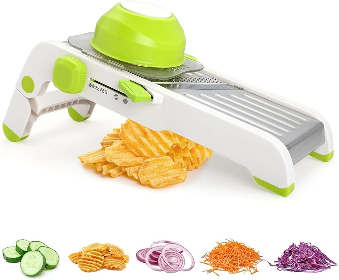 Mandoline Slicer for Kitchen, Adjustable Vegetable Potato Slicer | Stainless Steel Safe Mandolin Veggie Fruit Cutter with Food Holder, for Onion Cucumber Tomato Carrot, Green