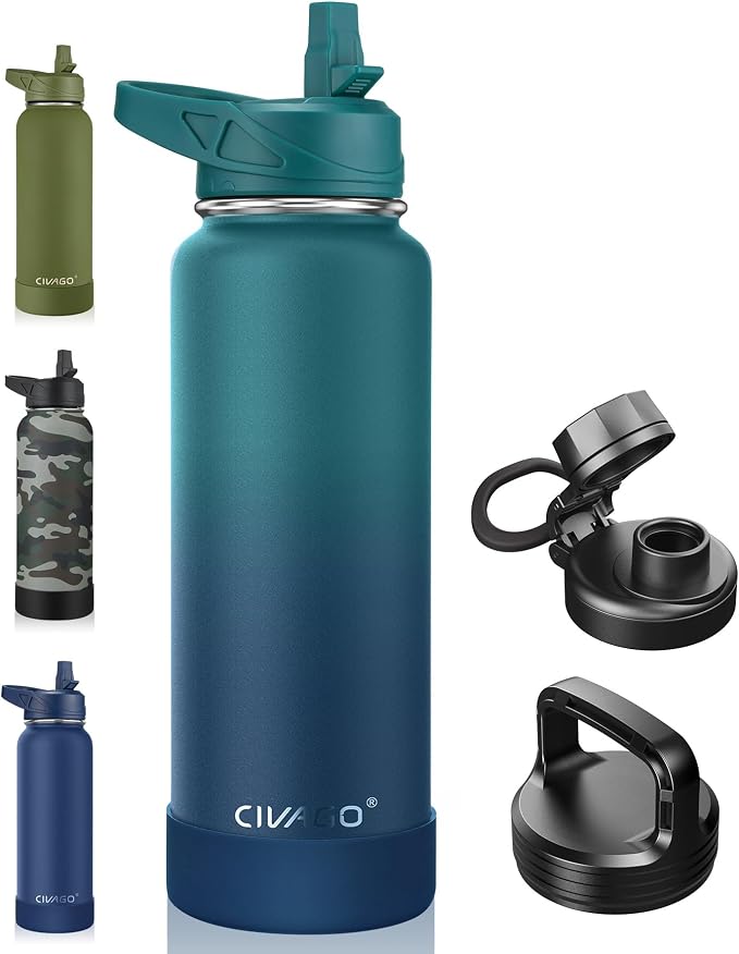 CIVAGO 40 oz Insulated Stainless Steel Water Bottle With Straw and 3 Lids | Large Metal Sports Water Jug, Leakproof Reusable Wide Mouth Thermal Flask Cup with Silicone Boot, BPA-Free, Dark Night