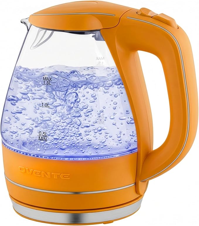 OVENTE 1.5L Glass Electric Kettle Water Boiler, Orange KG83O | 1100W Fast Boiling, Borosilicate Glass, BPA-Free, Blue LED, Auto Shut-Off, Boil-Dry Protection, Removable Filter, 360° Base