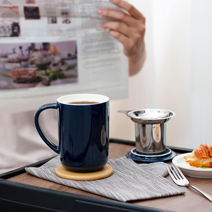 CEEFU 16oz Porcelain Tea Mug with Infuser, Lid and Coaster | Teaware with Filter, Loose Leaf Tea Cup Steeper Maker, Tea/Coffee/Milk/Women/Office/Home/Gift, Navy Blue