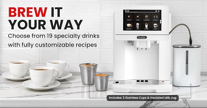 Zulay Magia Super Automatic Espresso Maker Machine with Grinder - 19 Fully Customizable Coffee Options, Auto Cleaning, Milk Foam System - for Latte, Cappuccino - Ultra LUX - White (13.7x17.7x9.4)