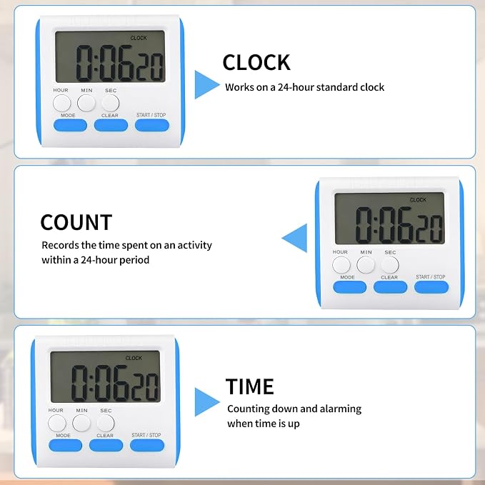 Mudder 3 Pack Digital Kitchen Timer for Cooking, Large Digits, 24 Hour Magnetic Backing Stand Kitchen Timers Clock for Classroom Kids Teachers, Loud Alarm and Large Screen (Blue)