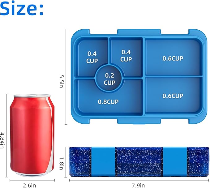 Bento Lunch Box, Snack Bento Lunch Containers Boxes, Shiny Blue | 5/6 Compartments, 3 Cups BPA Free, Dishwasher Safe, for Kids, Back to School, On-the-Go Meal, Ages 3+, School