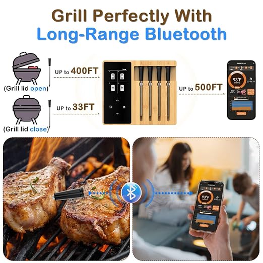 Accurate Smart Wireless Meat Thermometer - Real-time Alerts | 4 Probes Long Range Bluetooth Dishwasher Clean Waterproof Digital Cooking Thermometer for Grill BBQ Oven Smoker