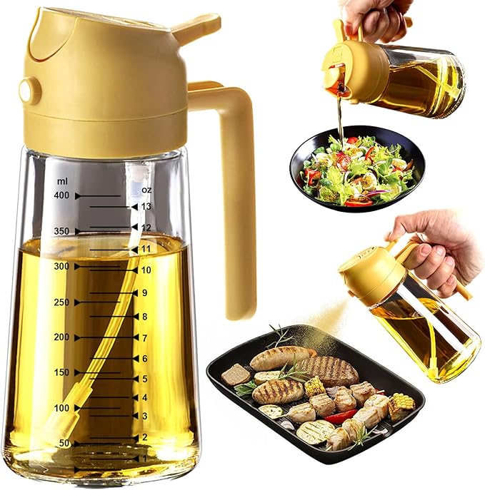 TrendPlain 16oz/470ml Glass Olive Oil Sprayer for Cooking – 2 in 1 Olive Oil Dispenser Bottle for Kitchen Gadgets and Air Fryer Accessories, Salad, BBQ - Yellow