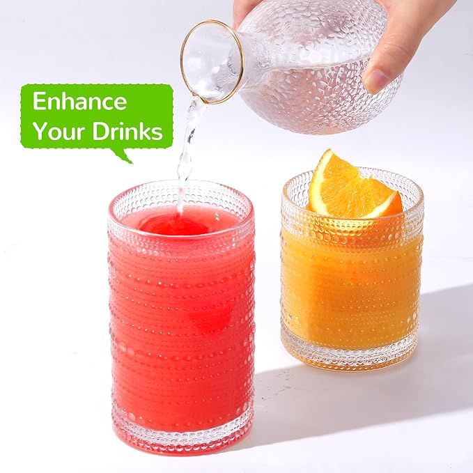 Vintage Hobnail Drinking Glasses Set of 12-14 oz Old Fashioned Water Glass Cups & 11 oz Cocktail Glasses, Aesthetic Kitchen Bar Tumbler Glassware Gifts Sets for Smoothie, Juice, Coffee, Wine