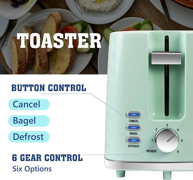 Toaster 2 Slices, Toasters Wide Slot, Bread Toaster with Cancel, Bagel, Defrost Function, Bagel Toasters with Removable Tray & 6 Temperature Settings, Green