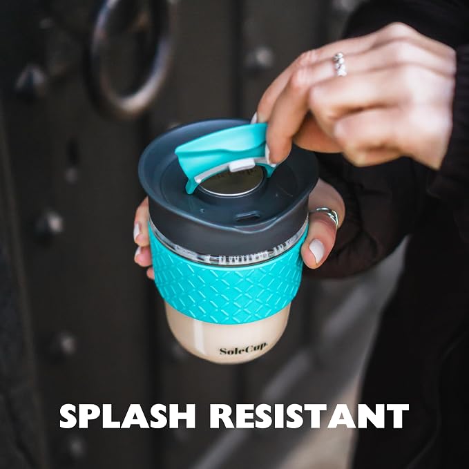 Travel Mug Loose Tea Infuser - Detachable Tea Strainer with Spillproof Lid - BPA-Free Reusable Glass Travel Coffee Cup with Silicone Band (Black, 12oz)