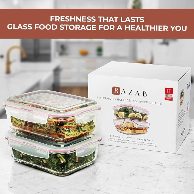 Razab 6.5 Cups / 52 Oz 4 Piece (2 Containers + 2 Lids) Glass Food Storage Containers Set with Airtight Locking Lids - For Storing, Baking & Serving BPA Free, Leakproof - Microwave, Freezer & Oven Safe