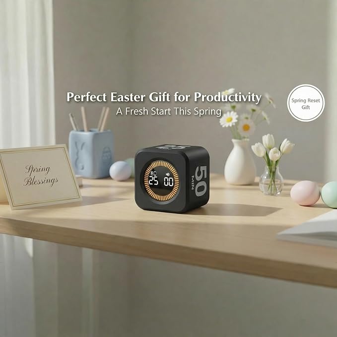 KADAMS Pomodoro Timer Visual - Productivity Pomodoro Cube, 5/10/25/50 Min Countdown & Countup, Silent – Ideal for Work Study Cook Workout Kitchen School Classroom Office ADHD Gift Kids (1, Black)