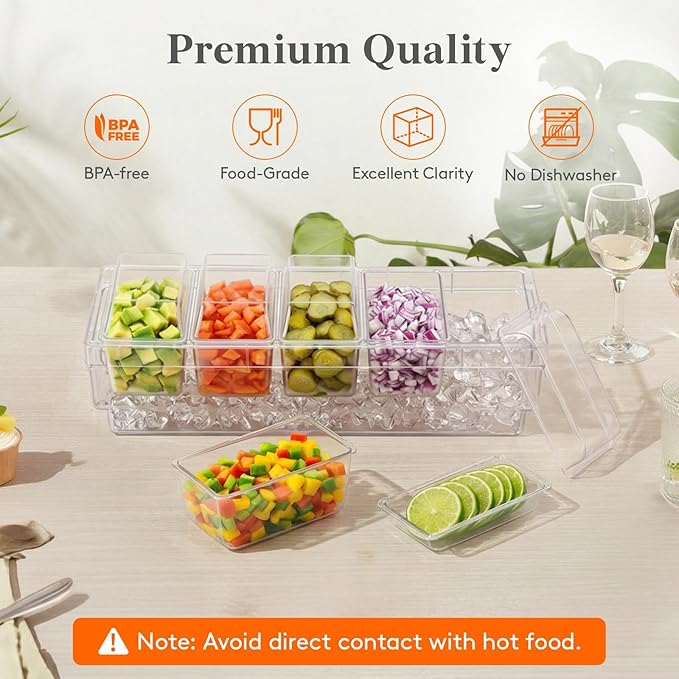 Lifewit Chilled Condiment Caddy with Stainless Steel Spoons & Tongs | Handle Design, BPA-free Condiment Server with 5 Removable Containers, Ice Garnish Tray for Taco, Mimosa & Dirty Soda Bar