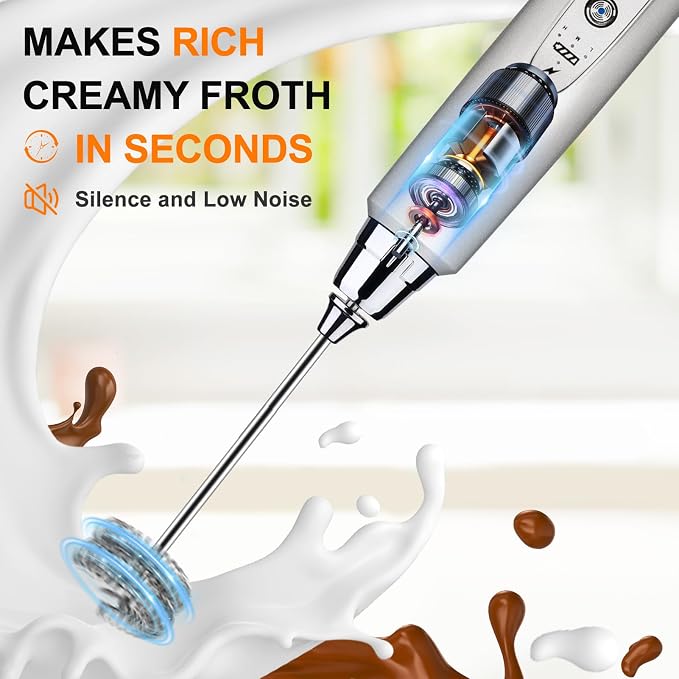 YUSWKO Handheld Milk Frother Wand for Coffee, Rechargeable Electric Whisk with 3 Heads 3 Speeds Drink Mixer Coffee Frother For Latte, Cappuccino, Hot Chocolate, Egg, Silver with Holder