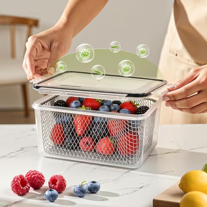 3 PCS Large Fruit storage Containers for Fridge Food Storage Containers | with Stainless Steel Colander Leakproof Dishwasher Microwave safe Produce Containers Keep Fruits Vegetable Berry Fresh longer