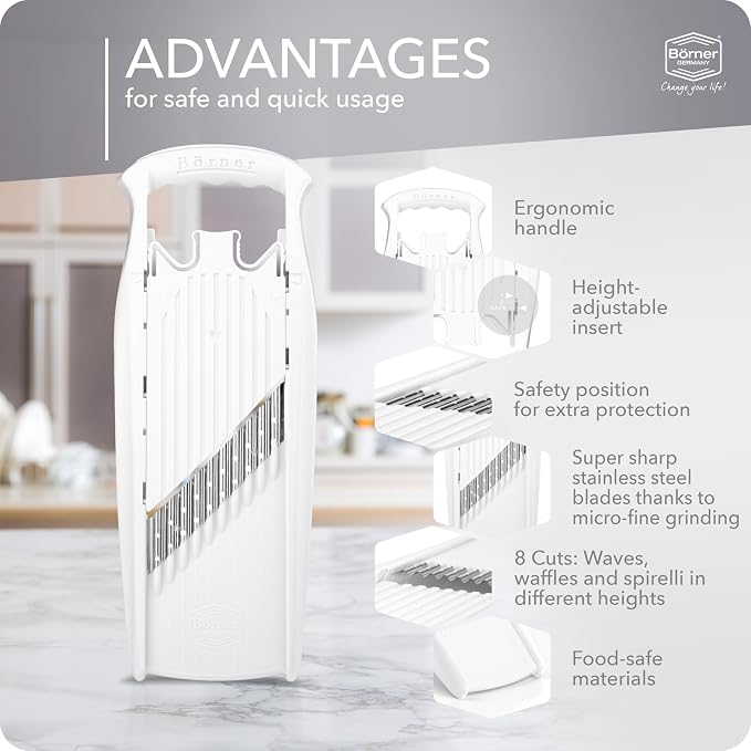 Börner by Reston Lloyd Wave-Waffle Power Line • Crinkle Cut/Spirelli Vegetable Slicer • Slicer for Wave Waffle Cut Style • Multiple Thickness Options • Made in Germany, White