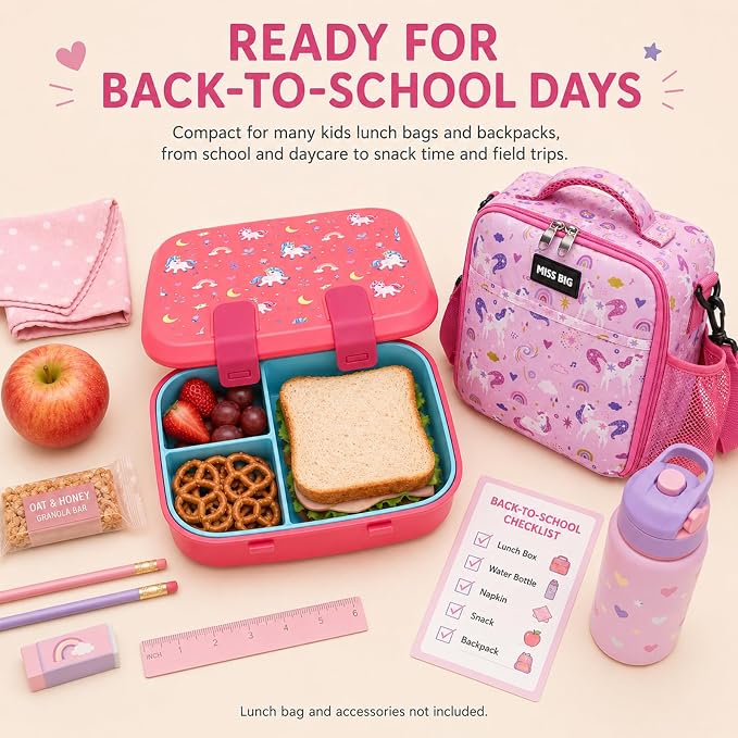 MISS BIG Bento Lunch Box for Kids, Pink Unicorn, 3 Compartments, 800ml | Kids lunch box for preschool, daycare, kindergarten, school meals, snacks, and everyday kid portions