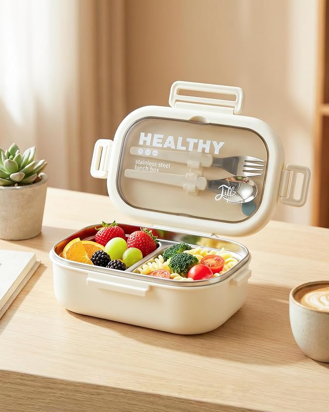 Lille Home 28oz Stainless Steel Leakproof 2-Compartment Bento Lunch Box | Portion Control Metal Lunch Box Food Container with Lunch Bag and Cutlery Set, BPA Free (Beige)
