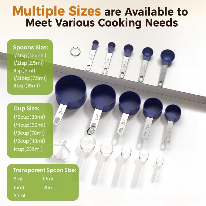 16PCS Measuring Cups and Spoons Set, Measuring Spoon Set with Metric and US Measurements, Fits for Measuring Dry and Liquid (Blue)
