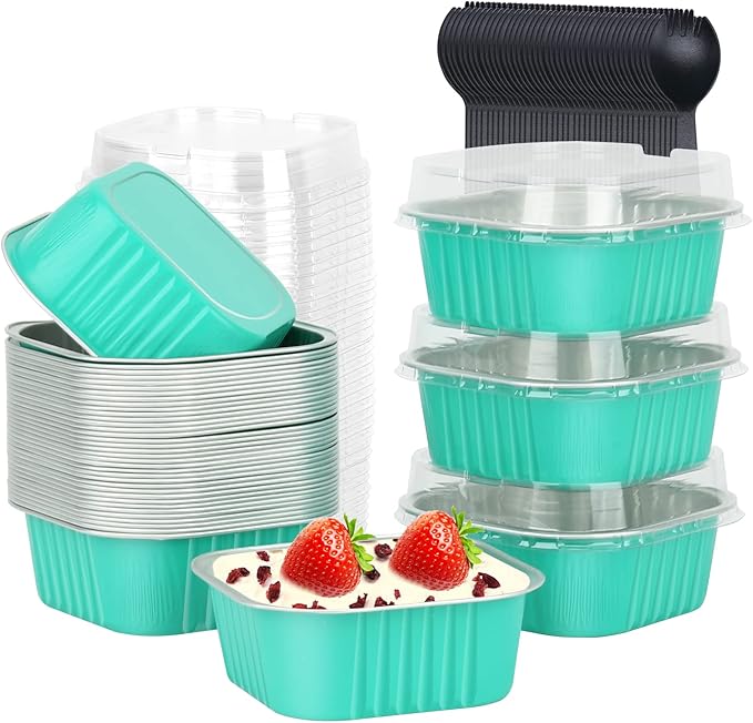 LNYZQUS 10oz Mini Cake Tins with Lids, Individual Cinnamon Roll Pans | 40 Pack, Blue, Disposable, Aluminum Foil, 4 Inch Square Baking Cups, Small Dessert Containers for Bake Sales Treats