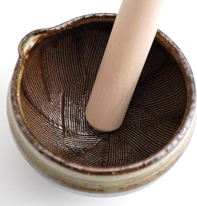 Traditional Japanese Mini Sesame Seed Grinder with Pestle - Mino Takada-yaki Ceramic - Deep Amber - Ideal for Dressings and Sauces (Caramel Color)