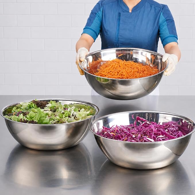 3 Piece Stainless Steel Mixing Bowls Set, 7.8/10/13.1 QT | Extra Large Stainless Steel Mixing Bowls Set, 7.8/10/13.1 QT, Nesting Metal Bowls with Flat Base for Baking, Dough & Catering