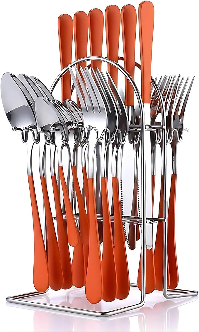 Orange Silverware Set with Holder for 6-24 Piece Stainless Steel Flatware Set with Spoons, Forks, Knives, Heavy Duty Mirror Polished Cutlery Set for Home, Kitchen, Restaurant