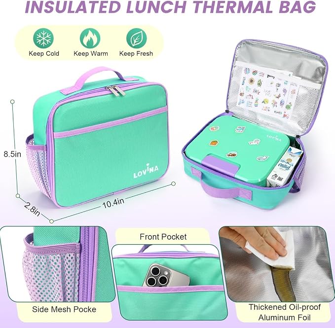 LOVINA Bento Lunch Box Set For Kids Adult With Thermo Bag, BPA-Free | 36OZ Leak-Proof Lunch Box Kids Kit, All-in-One Kit with DIY Stickers Sauce Cup for Work, School, Dining Out(Aqua Green)