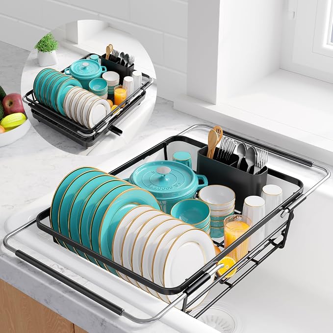 Sakugi Extendable Dish Drying Rack Over Sink with Dish Drainer, Sink Organization and Storage Essentials with Silverware & Utensil Holder, Home and Apartment Decor, 12" W x 16.1~23" L, Black
