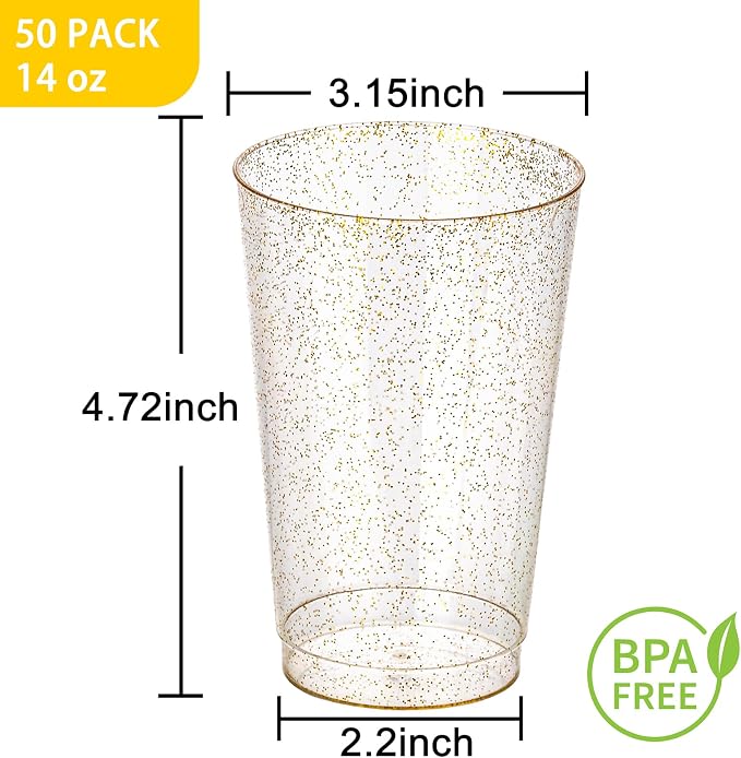 I00000 50 Pack 14 oz Gold Plastic Cups, Disposable Tumblers Gold Glitter Plastic Cups, Disposable Wine Glasses Cocktail Glasses Perfect for Wedding & Party