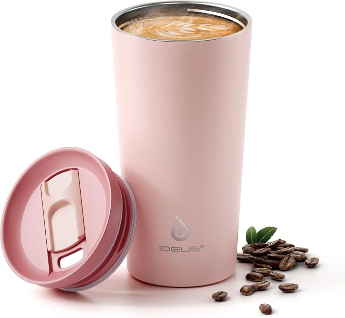 Ideus 17 oz Travel Coffee Mug, Double Wall Vacuum Stainless Steel Insulated Coffee Tumbler With Lid, Splash-Proof & Cup Holder Friendly, Keeps Drinks Hot/Cold, Dishwasher Safe, Blush