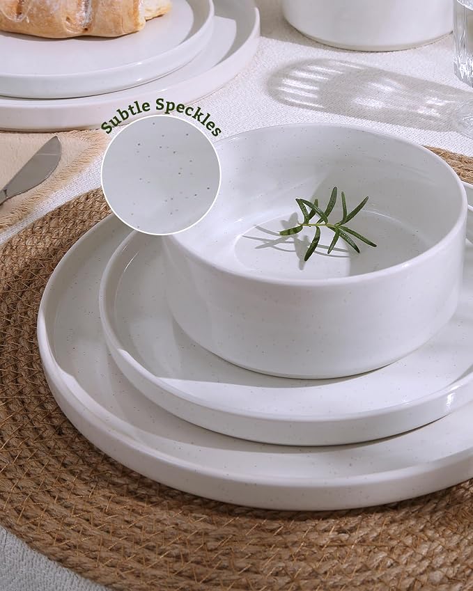 Famiware Nebula 16-Piece Dinnerware Set with Pasta Bowls, White | Stoneware Plates and Bowls, Service for 4 - Chip & Scratch Resistant, Microwave & Dishwasher Safe