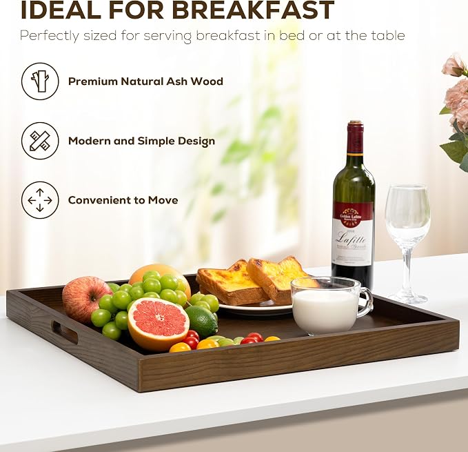 22 Inch Large Square Wooden Ottoman Tray for Living Room|Extra Large Serving Tray with Handles for Coffee Table, Breakfast|Decorative Wood Tray for Ottoman Couch Sofa Kitchen|Walnut