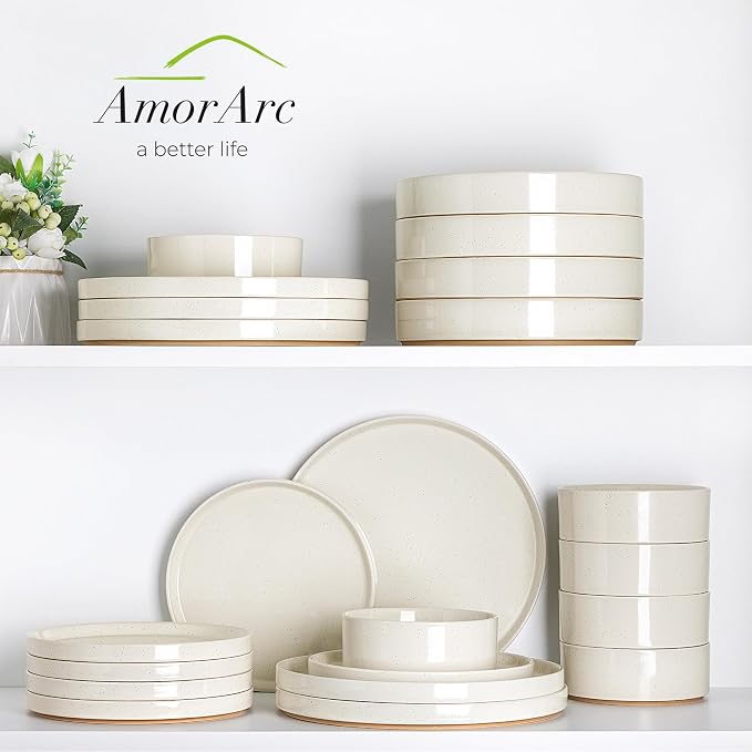 AmorArc Stoneware Dinnerware Sets for 6,18 Pcs Plates and Bowls Set | Handmade Ceramic Dish Set,Dishwasher & Microwave Safe,Scratch Resistant-Beige