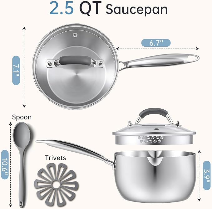Tri-Ply Stainless Steel Sauce Pan, 2.5 Qt Saucepan with Strainer Lid | Non-Toxic, Dual Pour Spouts, Measurement Mark, Compatible All Cooktops, Anti-Scald Handle, Oven Safe 500°F, Dishwasher Safe