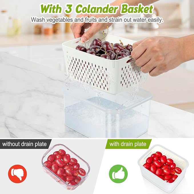 6 Pieces Large Fruit Produce Storage Containers for Fridge Keep Fresh | 3 Pack Lettuce Keeper with Colander, BPA-Free Plastic Berry Containers Vegetables Saver Refrigerator Organizer