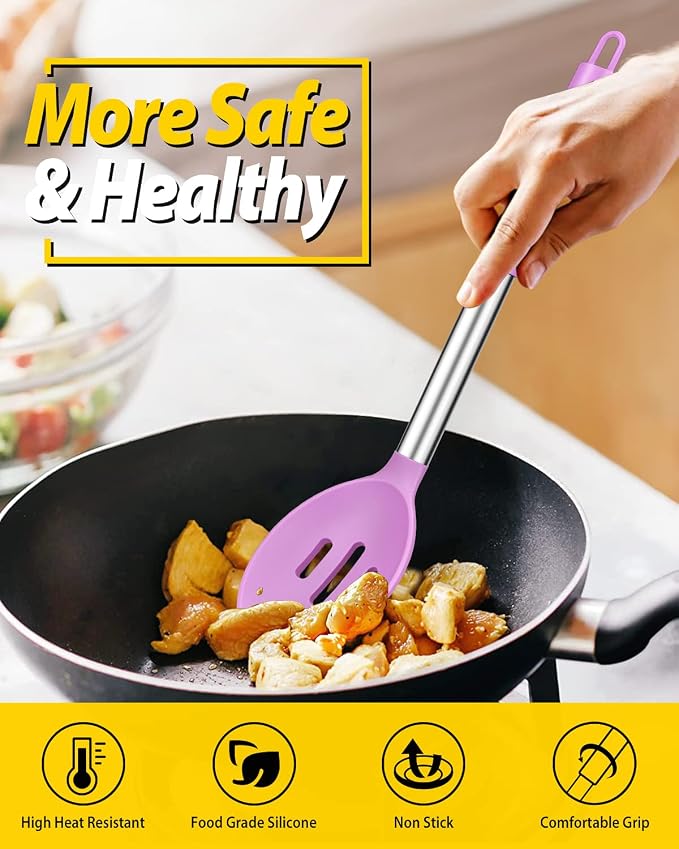 BUNDLEPRO Silicone Cooking Spoons for Non Stick Cookware, 2 Pack, Purple | Heat Resistant, Large Kitchen Spoons for Mixing, Serving, Draining, Stirring