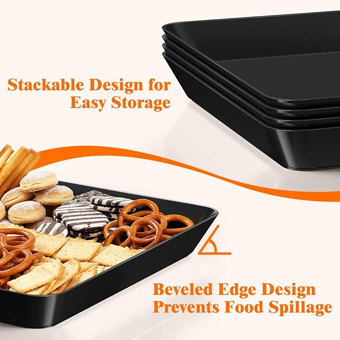 SpaceTrove 6-Pack Serving Tray Set, Reusable Plastic Serving Platter for Party Supplies, Entertaining, Grilling Accessories, Stackable Kitchen Snack Box Container for Dessert, Fruit, Cookie, (Black)