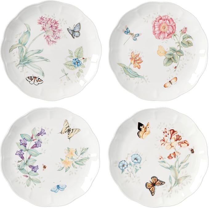 Lenox Butterfly Meadow Porcelain Dinner Plate Set for 4 | scalloped rim, microwave safe, dishwasher safe | 11 inch diameter, floral design, gift for women, decor