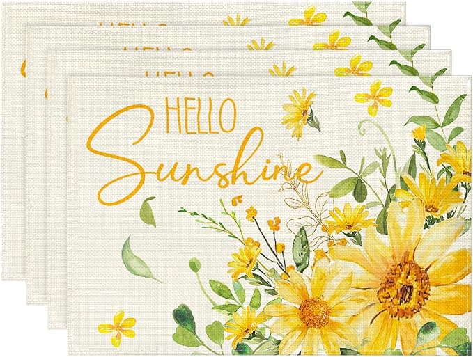 Artoid Mode Hello Sunshine Sunflower Summer Placemats Set of 4, 12x18 Inch Seasonal Spring Holiday Table Mats for Party Kitchen Dining Decoration