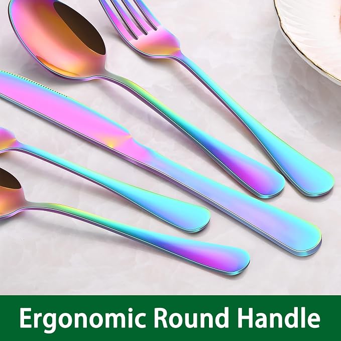 Rainbow 24 Pieces Stainless Steel Silverware Sets With Steak Knives Service For 4,Colorful Eating Utensils Set Includes Knife Spoon Fork For Kitchen Flatware Sets