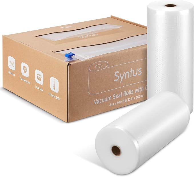 Syntus 11" x 100' and 8" x 100' Vacuum Sealer Bag for Food Roll with Cutter | BPA Free, Sous Vide Microwave Freezer Safe, Custom Size, Effortless and Precise Cutting, Works with All Vacuum Sealers