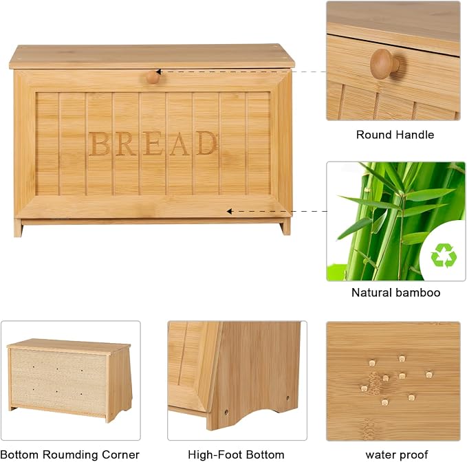 HOMEKOKO Vintage Wooden Bread Box for Kitchen Countertop, Natural Bamboo | Retro Farmhouse Style, Holds 2 Loaves, Breathable Design Keeps Bread Fresh For 3–4 Days, Suitable For Rustic/Vintage Kitchen