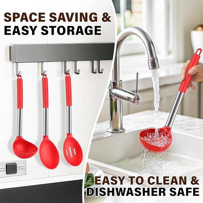 3Pcs Silicone Cooking Spoon Set, Kitchen Utensils Include Solid & Slotted Spoon, Soup Ladle, Food-Grade Heat Resistant 446°F, Non-Scratch Spoons for Serving, Stirring, Draining, Dishwasher Safe, Red