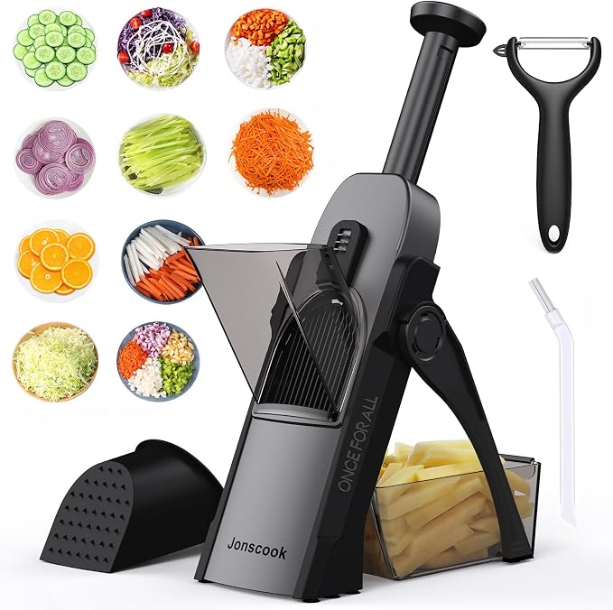 Safe Mandoline Slicer for Kitchen, 5 in 1 Multi Food Chopper, Potato Slicer | Adjustable Thickness 0.1-8 mm, Vegetable Chopper Cutter, Food Chopper French Fry Cutte, Paring Knife/Cleaning Brush, Mandolin
