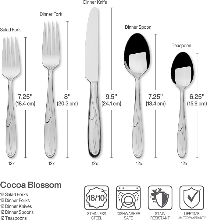 Mikasa Cocoa Blossom 65-Piece Flatware Set, Service for 12, 18/10 Stainless Steel Silverware with Teardrop Handles, Dishwasher Safe