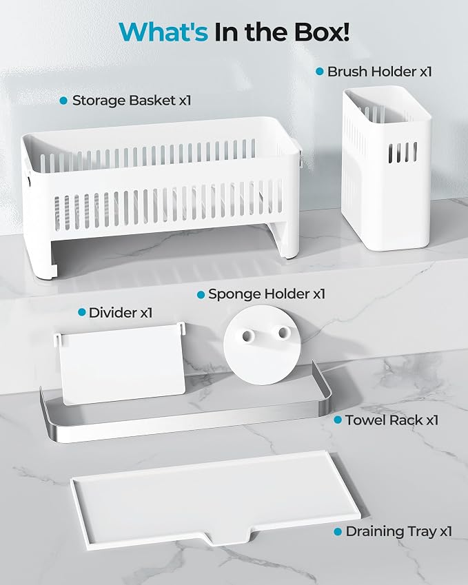 Nieifi Sponge Holder, White Rustproof ABS Sink Caddy with Towel Rack | Smiley Sponge and Brush Holders with Drainage to Keep Items Dry. 10"L x 4.5"D. Kitchen Counter Organizer & Essential Storage.