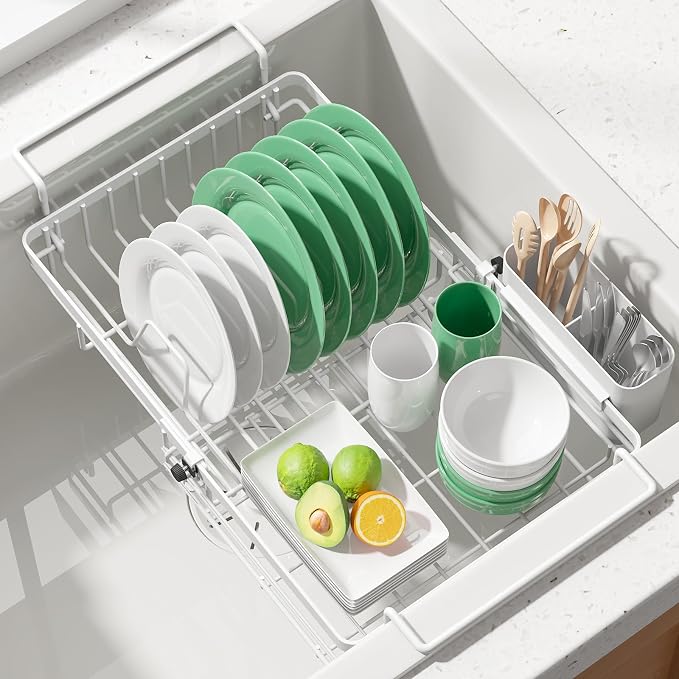 Kitsure Expandable in-Sink or Over-Sink Dish Drying Rack, Large, White | Rust-Resistant Dish Rack for Kitchen Counter, Dish Drainer with Cutlery Holder, 10.82"-17.12" L x 11.02" W x 3.93" H