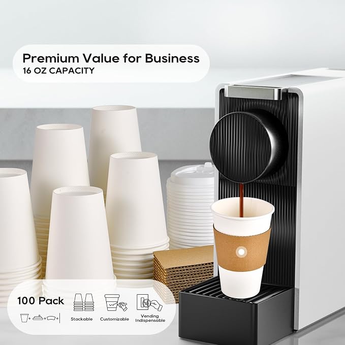 JOLLY PARTY [100 Pack] 16 oz Paper Coffee Cups, Disposable Paper Coffee Cup with Lids, Sleeves, and Stirrers, Hot/Cold Beverage Drinking Cup for Water, Juice or Tea, Suitable for Home,Shops and Cafes