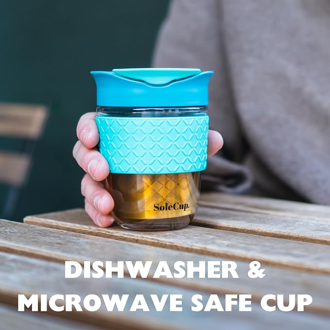 Travel Mug Loose Tea Infuser - Detachable Tea Strainer with Spillproof Lid - BPA-Free Reusable Glass Travel Coffee Cup with Silicone Band (Black, 12oz)