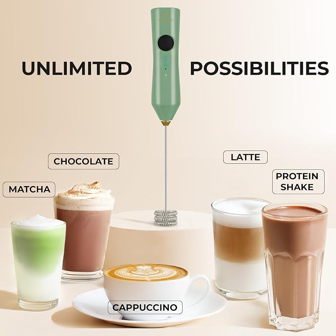 Zulay Kitchen Rechargeable Milk Frother Handheld - Frother Wand, Drink Mixer, Electric Whisk Frother, for Cappuccinos, Matcha & Protein Powder - Dynamic Triple Whisk, 3 Speed 500mAh Forrest Green Gold